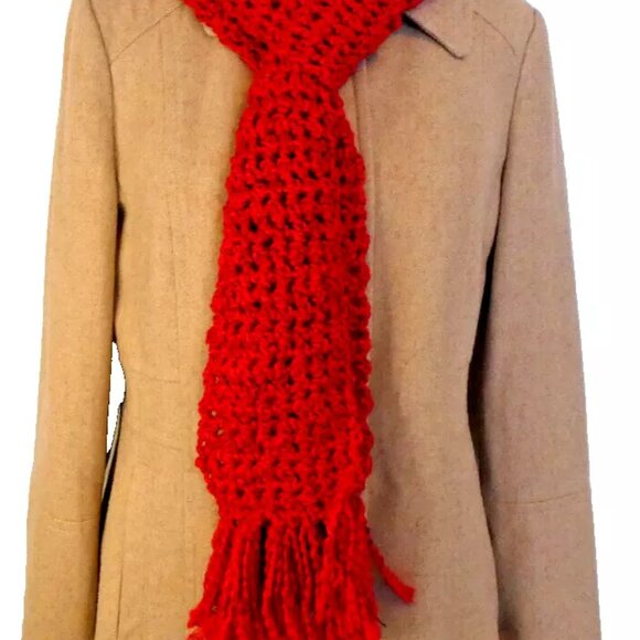 Bright Red Scarf 88 x 5 Extra Long Handmade Crochet Hand Knit Men Women NWT - Picture 2 of 11